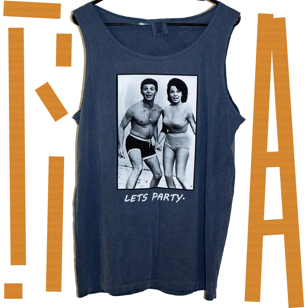 The 'BIRTHDAY PARTY' Tank Top Shirt (Fried Navy Blue in color) is sure to beat the heat this summer while layin' the vibe out pretty clearly:  Let's flippin' party!  This stylish, soft, and comfy Tank Top Shirt is slightly wider than your ordinary tee; it's a loose fit and extremely comfy on those hot summer days.  In length, it runs similar to a normal T Shirt, if anything 1/2" shorter.  It's got that 90's tank style going strong! Designed by No Wave NC