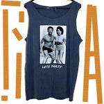 Load image into Gallery viewer, The &#39;BIRTHDAY PARTY&#39; Tank Top Shirt (Fried Navy Blue in color) is sure to beat the heat this summer while layin&#39; the vibe out pretty clearly:  Let&#39;s flippin&#39; party!  This stylish, soft, and comfy Tank Top Shirt is slightly wider than your ordinary tee; it&#39;s a loose fit and extremely comfy on those hot summer days.  In length, it runs similar to a normal T Shirt, if anything 1/2&quot; shorter.  It&#39;s got that 90&#39;s tank style going strong! Designed by No Wave NC
